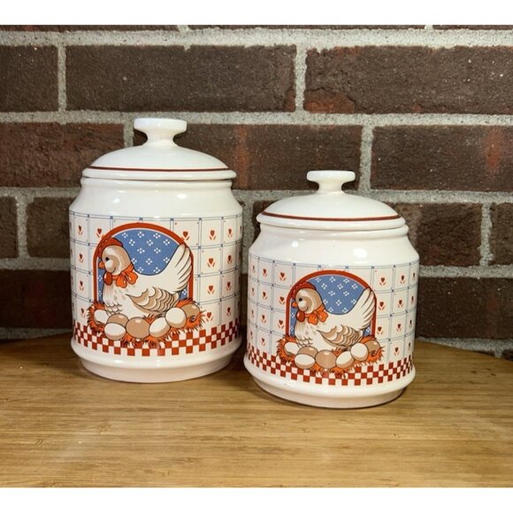 Vintage set 2 Ceramic Canister/Storage Jars Nesting Hen Chicken with Eggs Japan - Picture 9 of 9